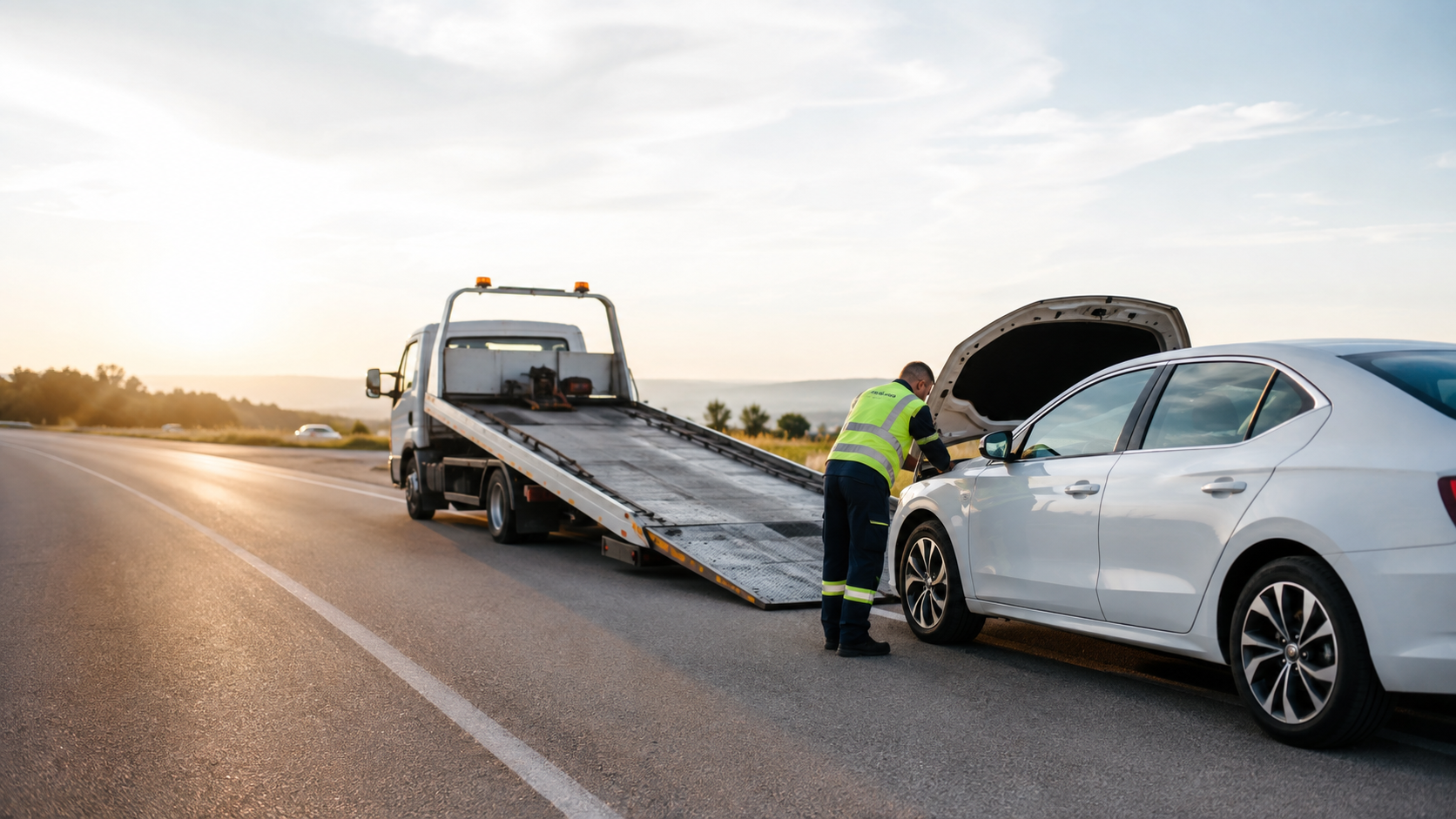 Roadside technical assistance with a tow truck and passenger car
